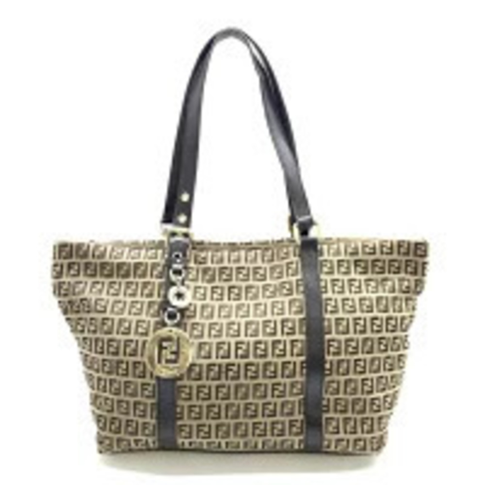 Fendi Zucchino Tote Bag Charm Canvas Leather Beige Brown